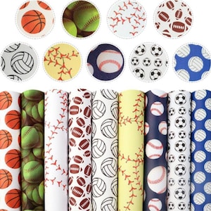 May include: A selection of fabric rolls and circular patterns with sports themes. The rolls display basketballs, softballs, baseballs, rugby balls, volleyballs, and footballs. The circular patterns feature the same sports balls on different backgrounds.