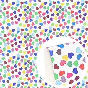 May include: A white background with a repeating pattern of colourful hearts. The hearts are in various shades of red, pink, blue, green, yellow, and purple.