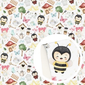 May include: A seamless pattern featuring a cute cartoon bee with black and yellow stripes, surrounded by various garden elements like flowers, birds, mushrooms, and a ladybug. The background is white.