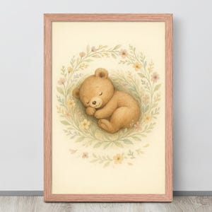 Vintage Teddybär-Nest Wandkunst, Baby-Kinderzimmer-Dekor, Blumenkranz-gemütliches Plakat, Kinderzimmer Aquarell-Illustration, digitaler Download