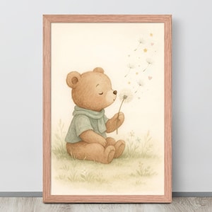 Teddybär Pusteblume, Wandbild, Babyzimmer Dekoration, sanfte Natur Poster, Kinderzimmer Illustration, sanfter Aquarelldruck, digitaler Download