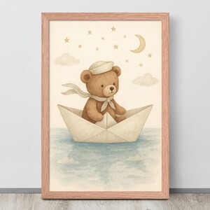 Teddybär Segeln Wandkunst, Baby Kinderzimmer Dekor, Papierboot Abenteuer Poster Kinderzimmer Druck verträumte Aquarell Illustration digitaler Download