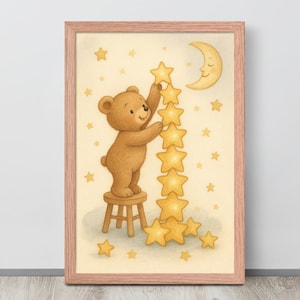 Teddy Bär erreicht Sterne Wandkunst, Baby Kinderzimmer Dekoration, verträumter Mond Poster, Kinderzimmer Aquarell Illustration, digitaler Download