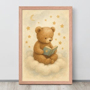 Teddybär Storytime, Baby Kinderzimmer Dekor, Verträumte Wolke und Sterne Poster, Kinderzimmer Aquarell Illustration, Digital Download