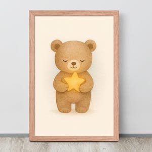 Teddybär Hält Stern Wandkunst, Baby Kinderzimmer Dekor, verträumte minimalistische Kinderzimmer Poster, weiche Aquarell Illustration, digitaler Download