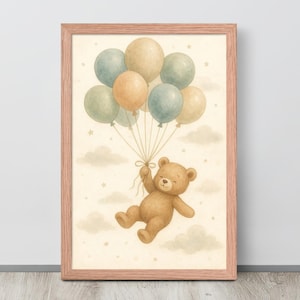 Teddybär Ballon Wandkunst, Baby Kinderzimmer Dekor, Kinderzimmer Himmel Poster, Floating Bär Illustration, verträumte Spielzimmer Druck, digitaler Download