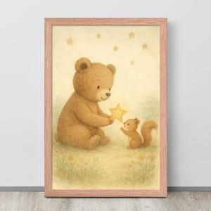 Teddybär und Eichhörnchen Stern Geschenk Wandbild, Baby Kinderzimmer Dekor, verträumt Freundschaft Poster, Kinder Aquarell Druck, digitaler Download
