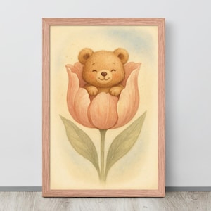 Teddybär in der Blume Wandkunst, Baby Kinderzimmer Dekor, Blumen Baby Zimmer Poster, Kinder Aquarell Illustration, digitaler Download, Teddy in Tulpe