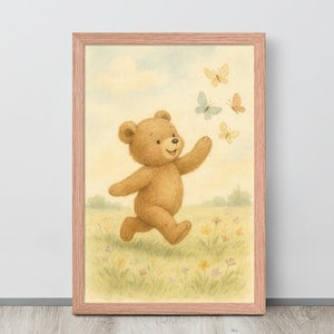 Teddybär Schmetterling Chase Wandbild, Baby Kinderzimmer Dekor, spielerische Wiese Poster, Kinderzimmer Aquarell Illustration, digitaler Download
