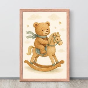 Teddy Bär Schaukelpferd Wand Kunst, Baby Kinderzimmer Dekor, Kinderzimmer Druck, Vintage Spielzeug Poster, Spielzimmer Illustration, digitaler Download