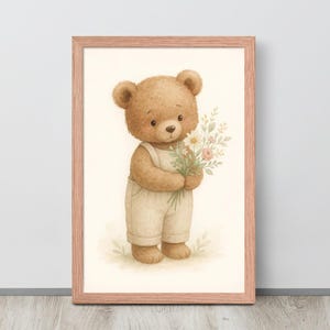 Teddybär mit Blumen Wandkunst, Baby Kinderzimmer Dekor, Kinderzimmer Poster, weicher Aquarell Bär Druck, Spielzimmer Illustration, digitaler Download