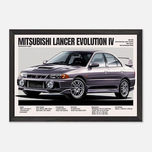May include: Framed print of a purple Mitsubishi Lancer Evolution IV. The car is a four-door sedan with a rear spoiler and detailed specifications. The text at the top reads "MITSUBISHI LANCER EVOLUTION IV". The print includes technical details like engine, power output, and dimensions.