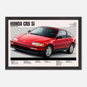 May include: A framed print featuring a red Honda CRX Si car. The print includes technical specifications and the text "HONDA CRX Si" at the top. The car is a two-door coupe with silver wheels and black trim. The dimensions are 109.4 inches in length.