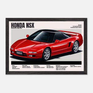 May include: A framed print featuring a red Honda NSX sports car. The car has a black roof and silver wheels. Text at the top reads "HONDA NSX" and "Manufactured in Tochigi, Japan." Technical specifications are listed below the car.