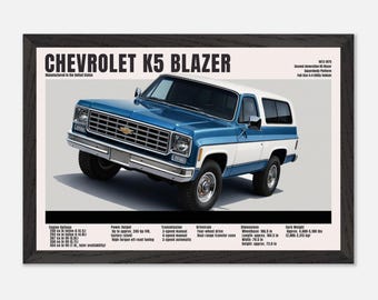 May include: A framed print featuring a blue and white Chevrolet K5 Blazer. The image includes the text "CHEVROLET K5 BLAZER" and specifications. The vehicle is a full-size 4x4 utility vehicle.