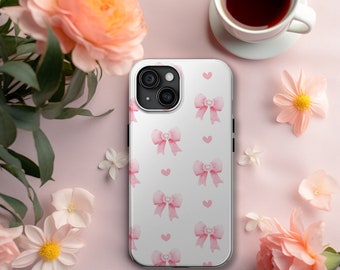 Pink bow Heart phone case, Croquette Aesthetic iPhone case, Gift for her, iPhone 15 14 13 12 11 Pro Max 8 Plus X, Samsung Galaxy S23 S22 S20