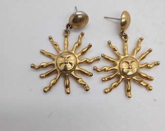 Sun earrings Vintage Dangle Gold Tone Adorable Suns With Faces