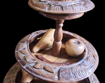 Hand Carved Wood 3-Tier Lazy Susan, Hawaiian Monkey Pod Serving Tray