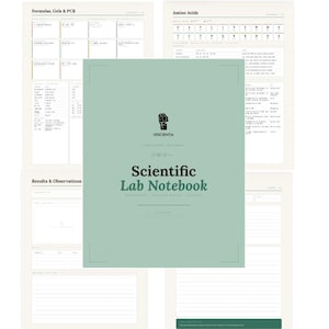 Op de afbeelding: Een lichtgroen wetenschappelijk laboratoriumboek met de tekst "Scientific Lab Notebook" in een vetgedrukte letter. Het notitieboek heeft een minimalistisch ontwerp met de merknaam "VESCIENTIA" bovenaan. Het notitieboek is omgeven door pagina's met formules en observaties.