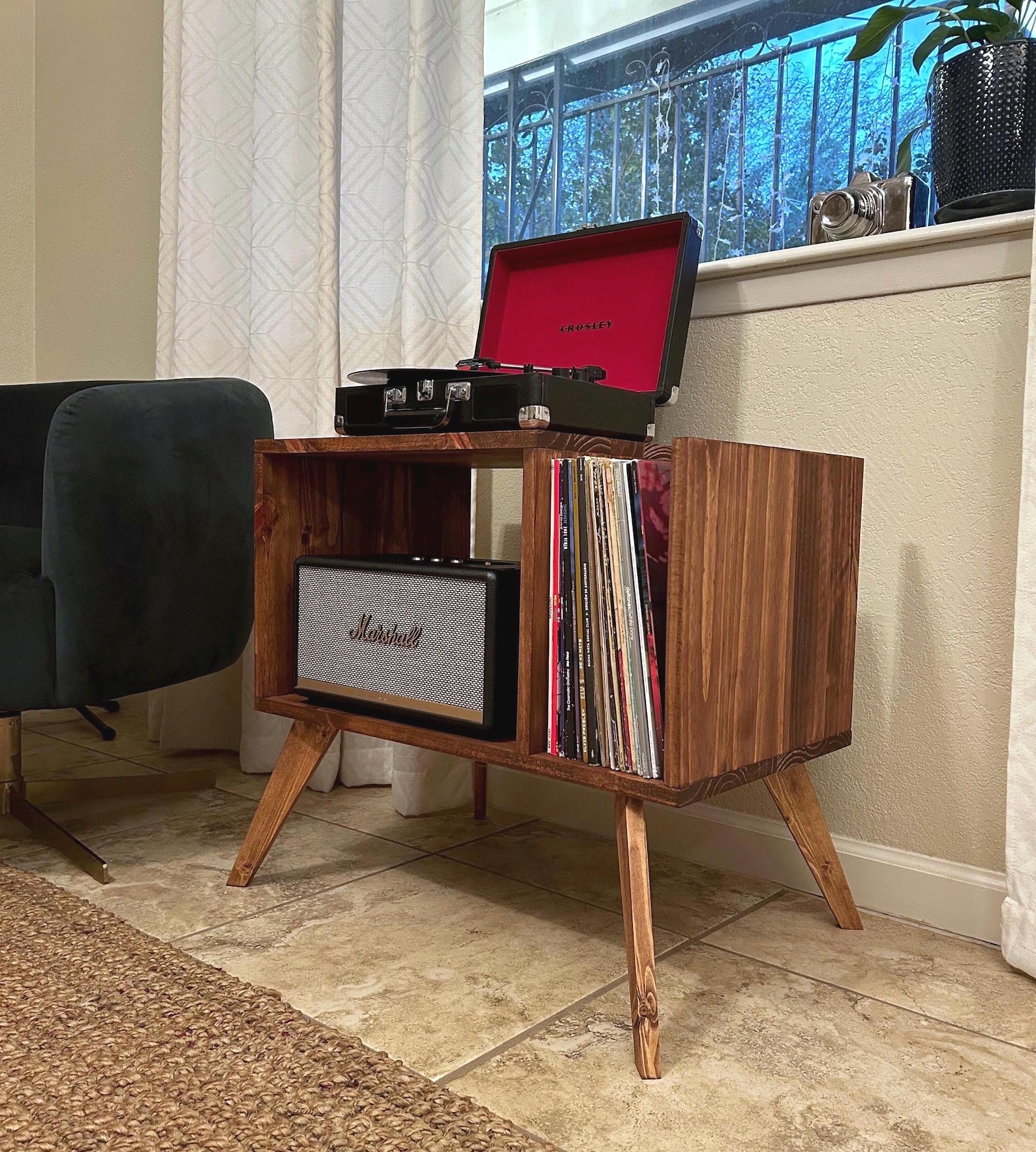 Image of Mid-Century Modern Record Player Stand Cabinet Retro Vinyl Storage & Turntable Console