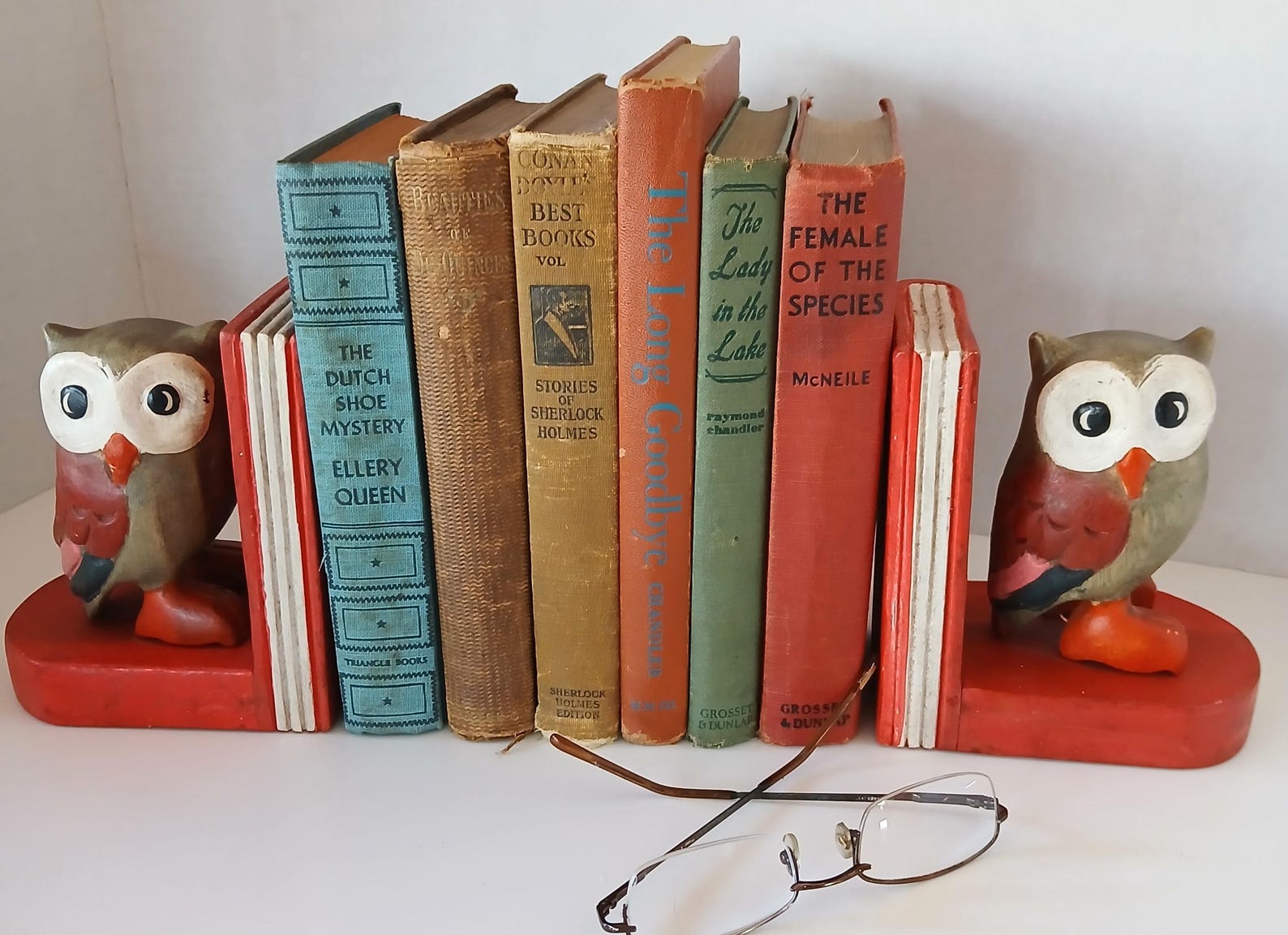 Owl Bookends-Red Base Hand Painted 1960s-70s Rustic Decor