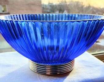 MCM Cristal d'Arques Art Deco style vertical ribbed cobalt bowl