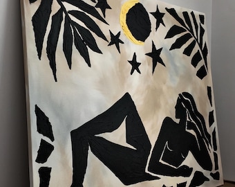 Pintura abstracta moderna de figuras, arte texturizado en negro y crema, lienzo minimalista hecho a mano, decoración de pared bohemia, obra de arte de silueta femenina