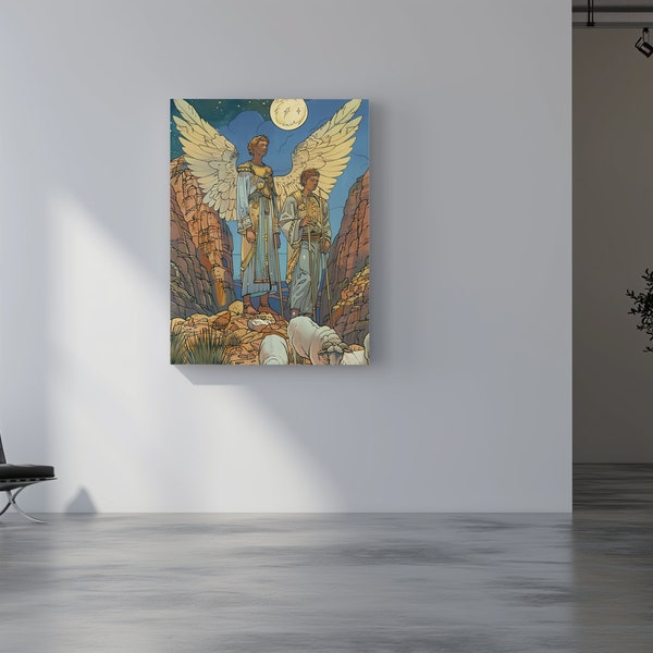 Fantasy Art Canvas: Divine Guardian & Peaceful Lamb | Comic Style Panel | Artstation Inspired | Mythical Wall Art | Surreal Imagery