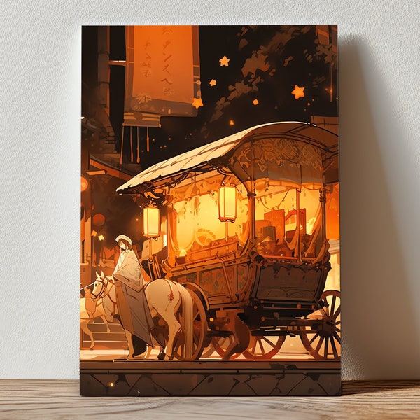 Fantasy Horse Carriage Ride | Night Village Matte Painting | Anime Art Nouveau Canvas | Detailed Korean Artwork | Enchanted Scene | Wall