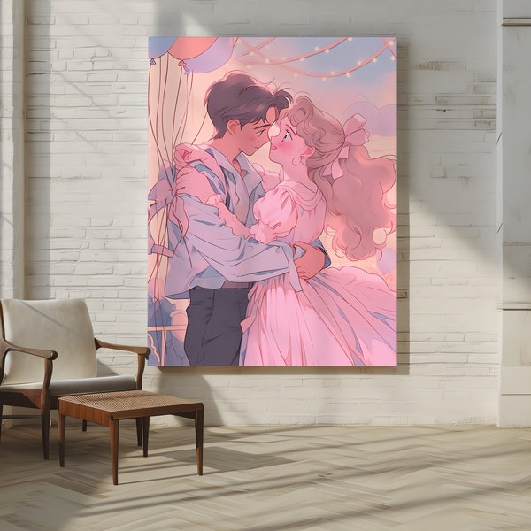 Romantic Kiss | Vintage Balloon Painting | Neo-Romanticism Art | Shoujo-Inspired | 1980s Movie Cover