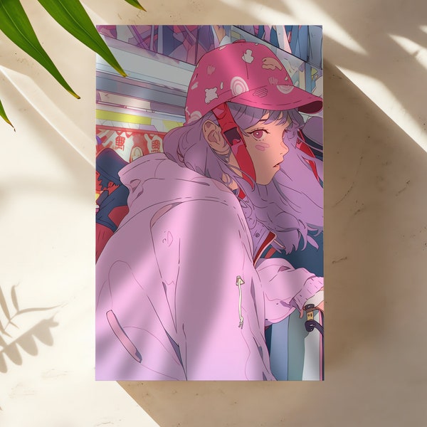 Cyberpunk Art Canvas | Pink Hat Woman on Bike | Neo Figurative Anime Aesthetic | CGSociety Upscaled | Futuristic Urban