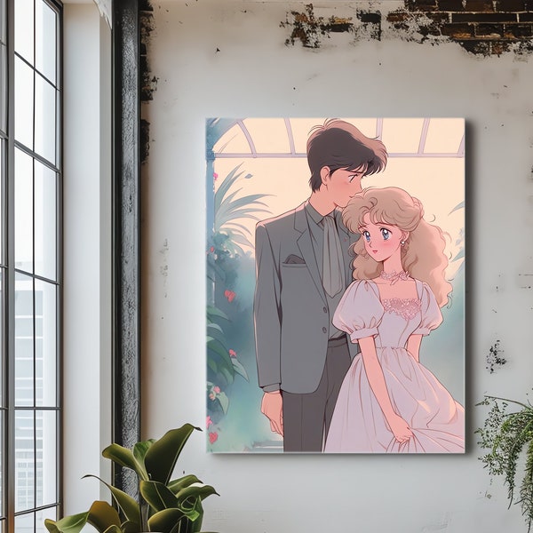 Vintage Anime Art | 1980s Shoujo Style Couple Canvas | Neo Romanticism Illustration | Classic x4 x2 Upscaled Drawing