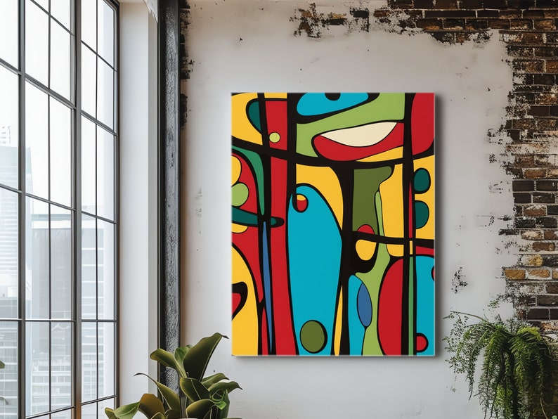 Abstract Shapes on Yellow Canvas Inspired by Naive Art Modern Opart ...