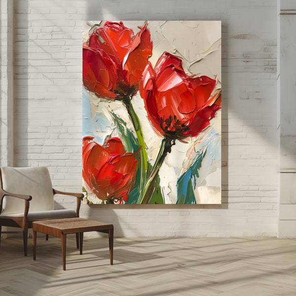 Peinture à l'huile de tulipes rouges vifs | Art au pinceau d'empâtements | Art floral vibrant | Oeuvre d'art figurative | Station d'art déco