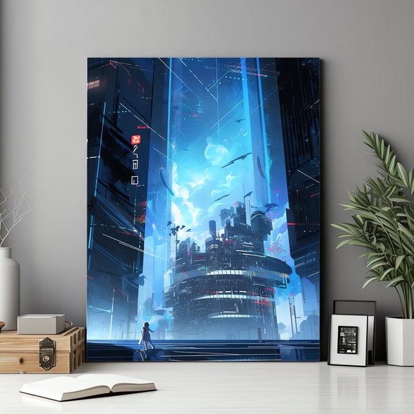 Cyberpunk Art | Futuristic Woman Ascending Stairs | Futurism Cityscape | Anime Inspired | Canvas Print | Modern Wall Decor |