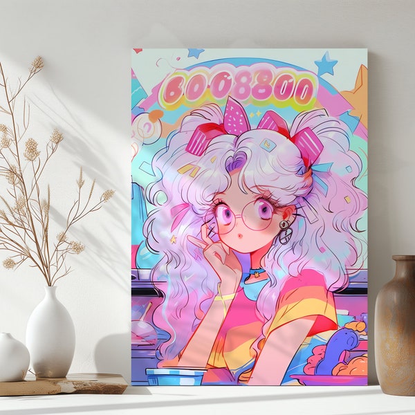 Anime Girl Art | Pink Hair & Glasses | Retro Aesthetic Canvas | Unique Anime Style | Decor for Otaku | Manga Inspired Wall Art | Artist's