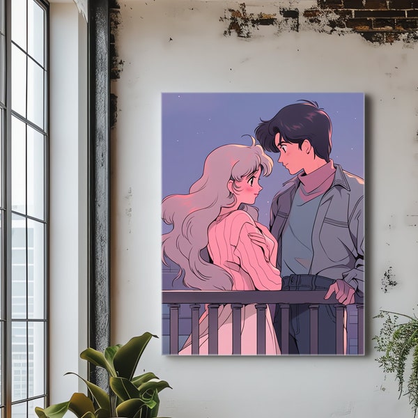 Vintage Anime Couple Canvas - Shoujo Art x4 Upscaled - 1980s Retro Style - Trending on Deviantart - Inspired by