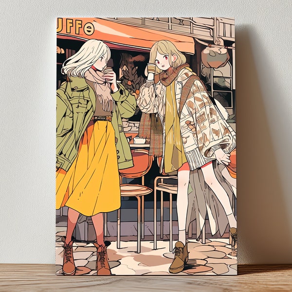 Comic Book Canvas: Empowered Women United in Cozy Cafe Scene - Vintage Style Art - Warm Hue Attire - Aesthetic Wall Art - Pop