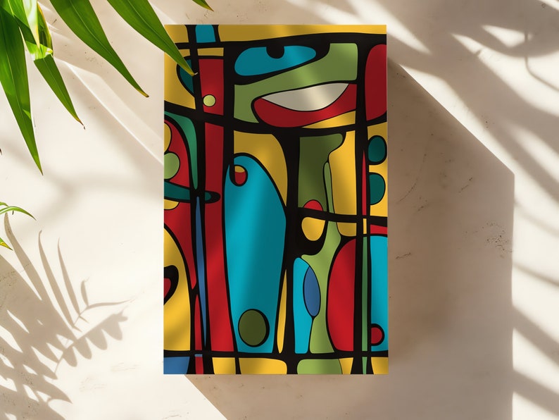 Abstract Shapes on Yellow Canvas Inspired by Naive Art Modern Opart ...