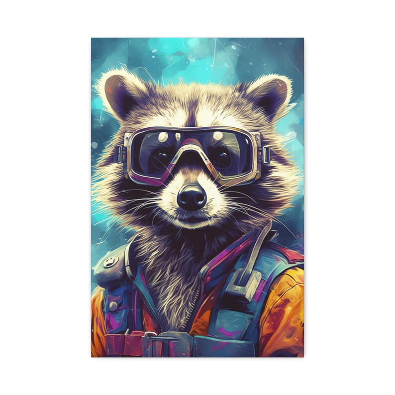 Raccoon in Space Goggles Art Canvas Photorealistic Rocket Painting