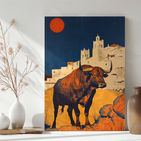 Vintage Art Deco Bull Painting | American Barbizon School | Travel Poster | Upscaled Canvas Print | Taurus Inspired | Wall Art Decor