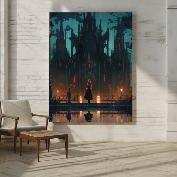 Cyberpunk Gothic Castle | Rain Canvas Art | Trending on Artstation | Bloodborne Cathedral | 4x Upscaled | Dark Fantasy |