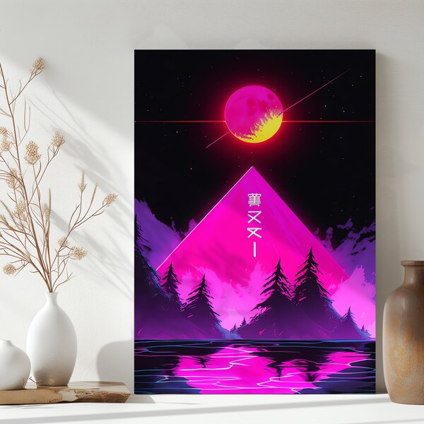Cyberpunk Pink Mountain Moon | Synthwave Aesthetic Canvas Art | Retro Futurism | Sci-Fi Wall Decor | Futuristic Digital Art