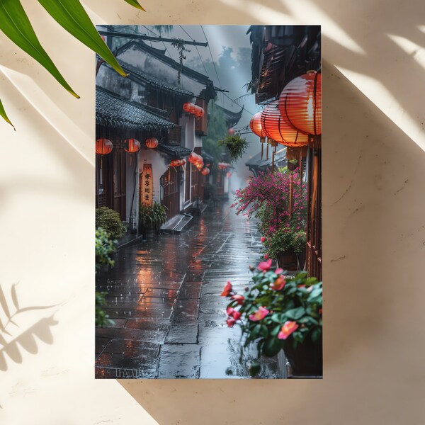 Impressionist Rainy Street Art | Cloisonnism Canvas | Dreamy Chinese Town Painting | Lantern & Plant Scenery | Street Lantern Glow