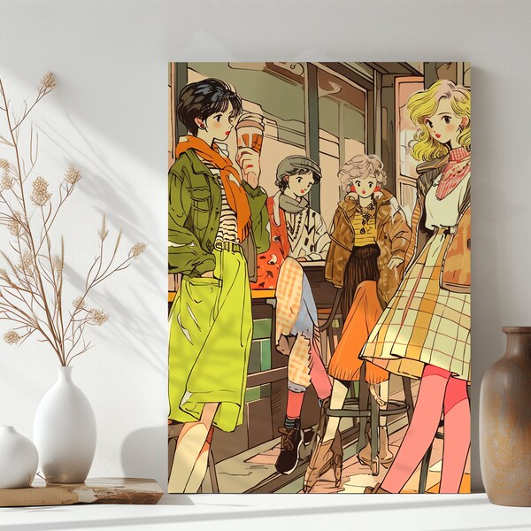 Vintage European Ink Painting | Women Standing Together | Anime-Inspired Artwork | Canvas Print | Boho Chic Home Decor | Feminine Wall Art |