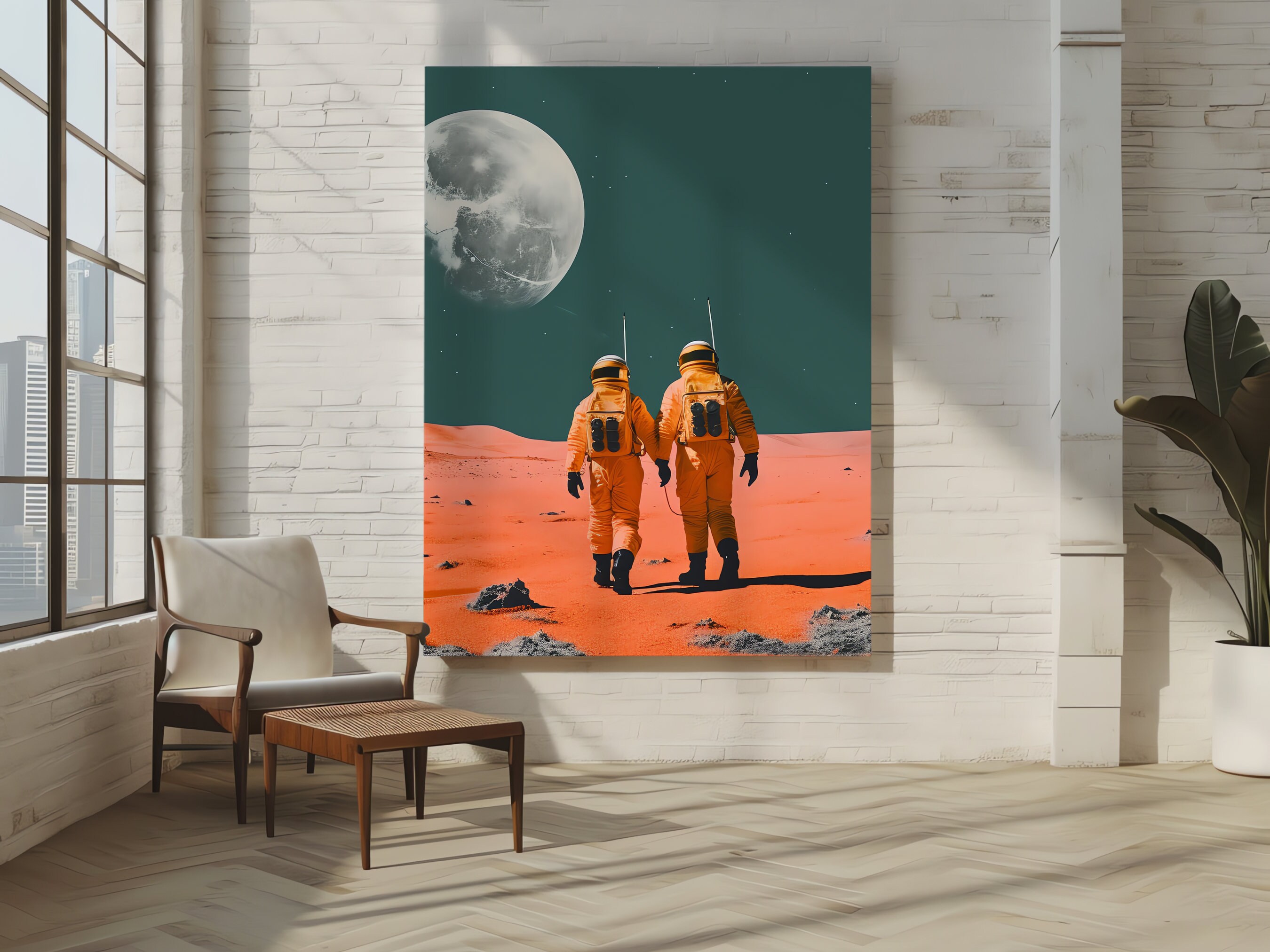 Astronauts on Lunar Surface Desert Moon Poster Art Space Retro Futurism ...