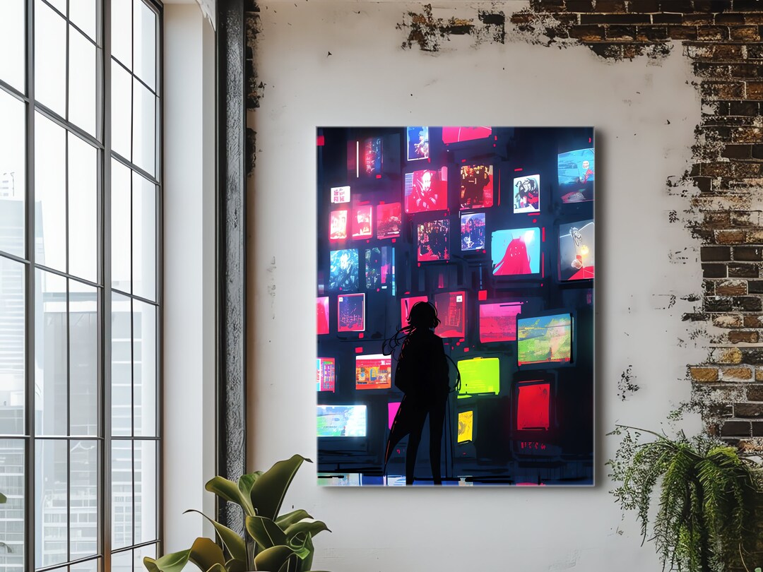 Cyberpunk Anime Canvas Art Wall of Televisions Maximalism Art Digital ...