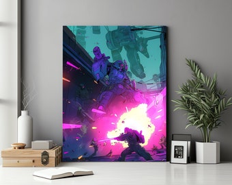 Cyberpunk Street Canvas Art | Trending on Artstation | Mech Battle Scene | Neo-Noir Aesthetic | Futuristic Cityscape | Wall Art