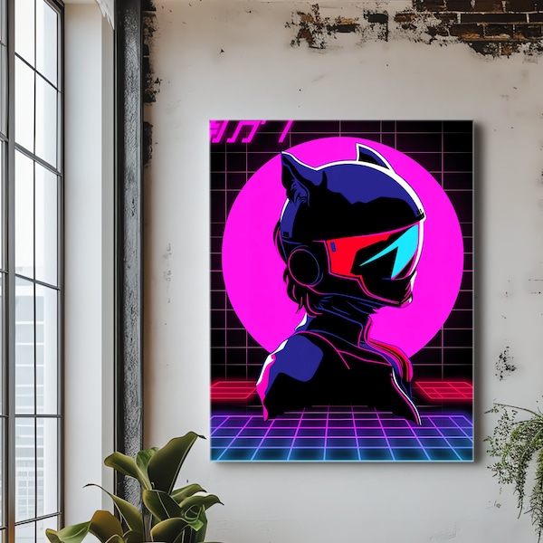 Cyberpunk Helmet Neon Canvas | Retrofuturism Synthwave Art | x4 x2 Canvas | Futuristic Flat Style Image |