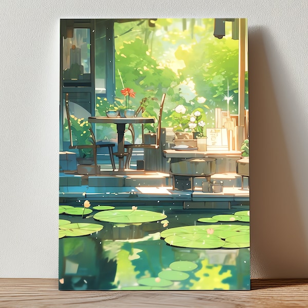 Patio Pond Scene | Table Chairs Art | Cozy Cafe Aesthetic | Overgrowth Reflections | Upscaled Canvas | Cafe Background | Wall Art Decor